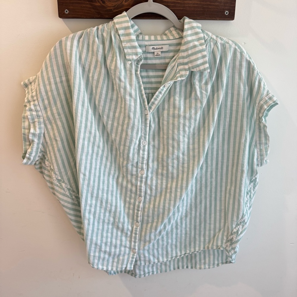 Madewell Mint Green and White Striped Button-Front Blouse